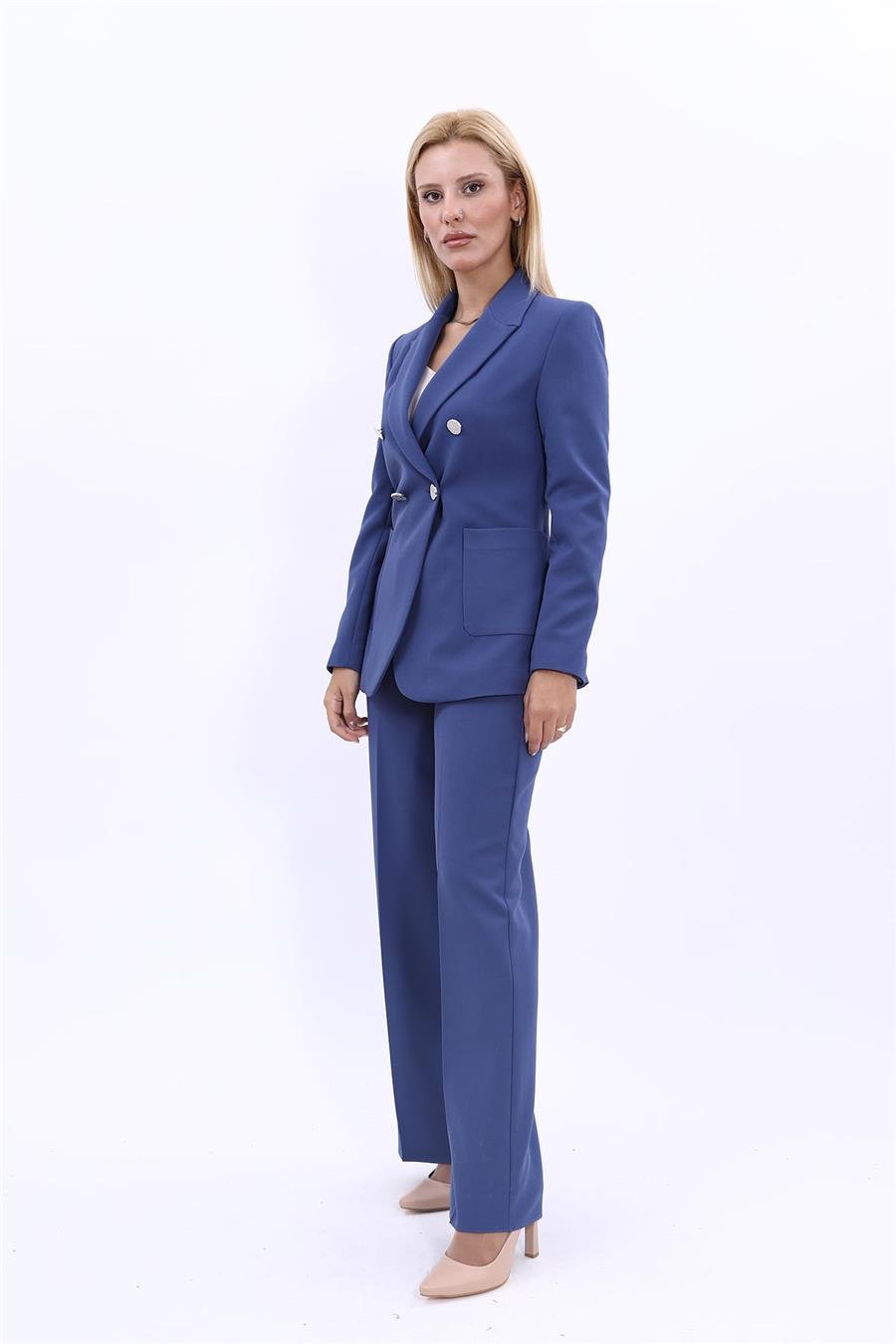 Cepli Şık Blazer Ceket &  Bol Paça Pantolon Kadın Takım Elbise-İndigo Önder Özsoy 1162520 Pantolon Ceket Takım