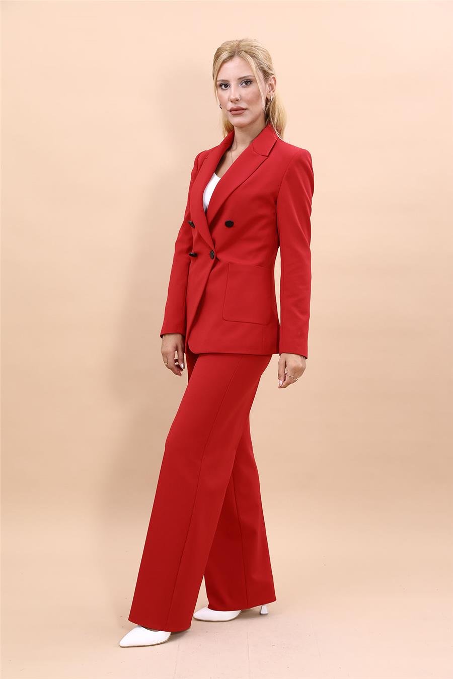 Cepli Şık Blazer Ceket &  Bol Paça Pantolon Kadın Takım Elbise-Kırmızı Önder Özsoy 1162520 Pantolon Ceket Takım