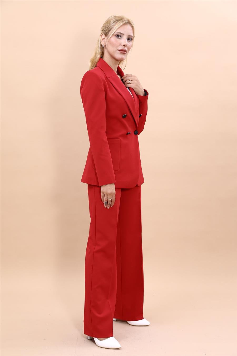 Cepli Şık Blazer Ceket &  Bol Paça Pantolon Kadın Takım Elbise-Kırmızı Önder Özsoy 1162520 Pantolon Ceket Takım
