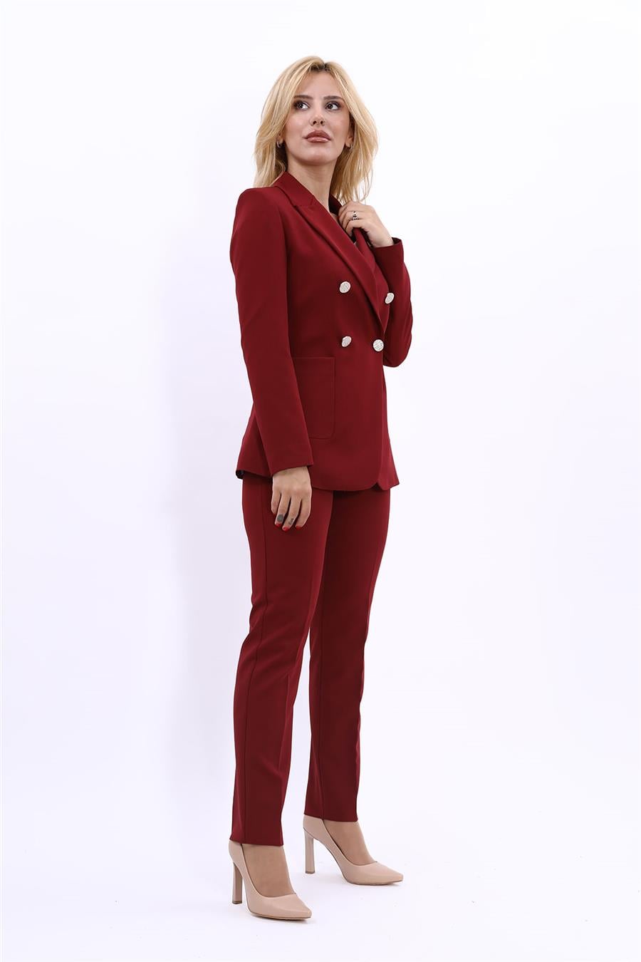 Cepli Şık Blazer Ceket & Dar Paça Pantolon Kadın Takım Elbise-Bordo Önder Özsoy 1162510 Pantolon Ceket Takım