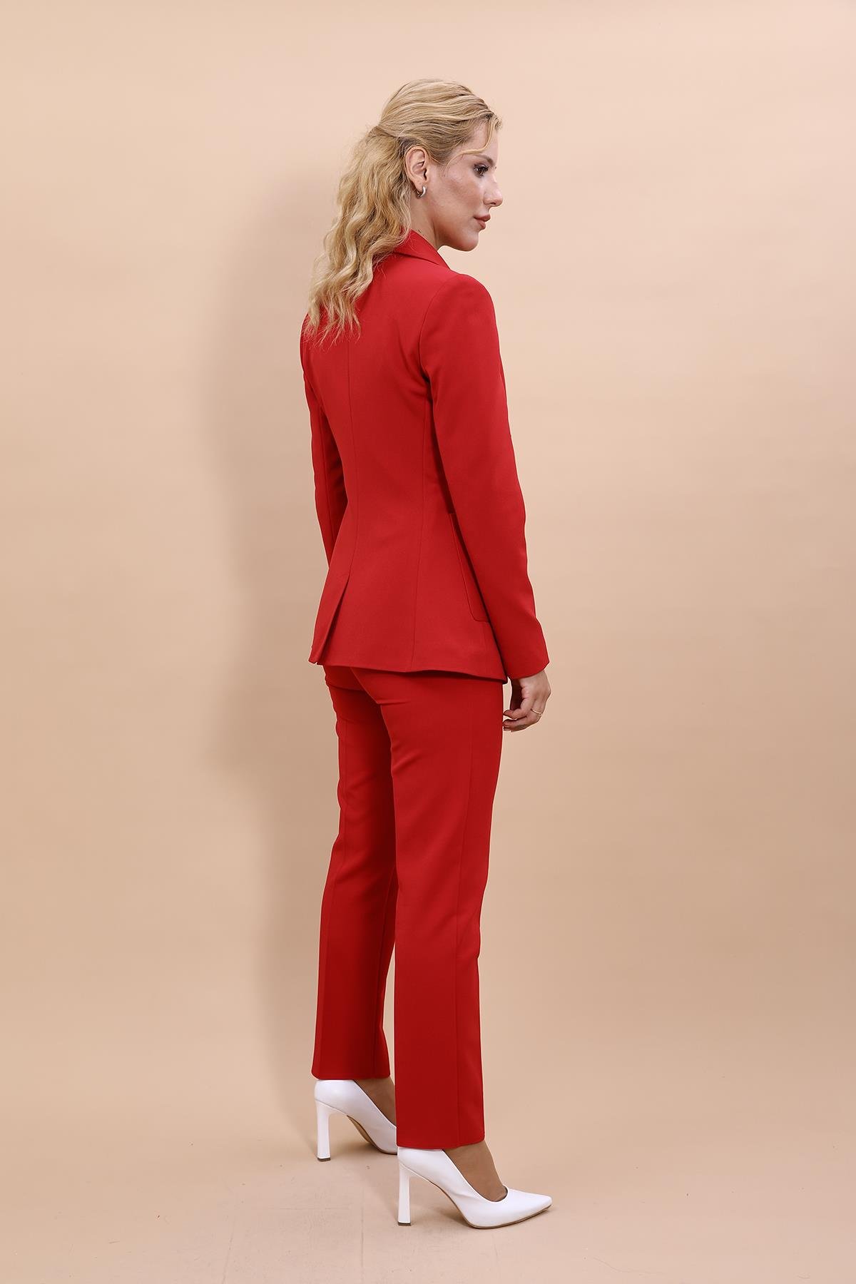 Cepli Şık Blazer Ceket & Dar Paça Pantolon Kadın Takım Elbise-Kırmızı Önder Özsoy 1162510 Pantolon Ceket Takım