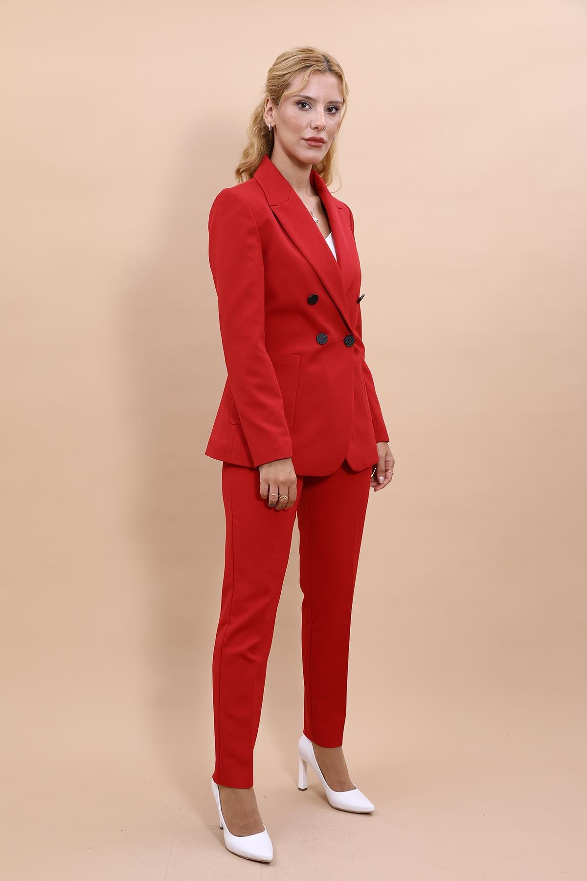 Cepli Şık Blazer Ceket & Dar Paça Pantolon Kadın Takım Elbise-Kırmızı Önder Özsoy 1162510 Pantolon Ceket Takım