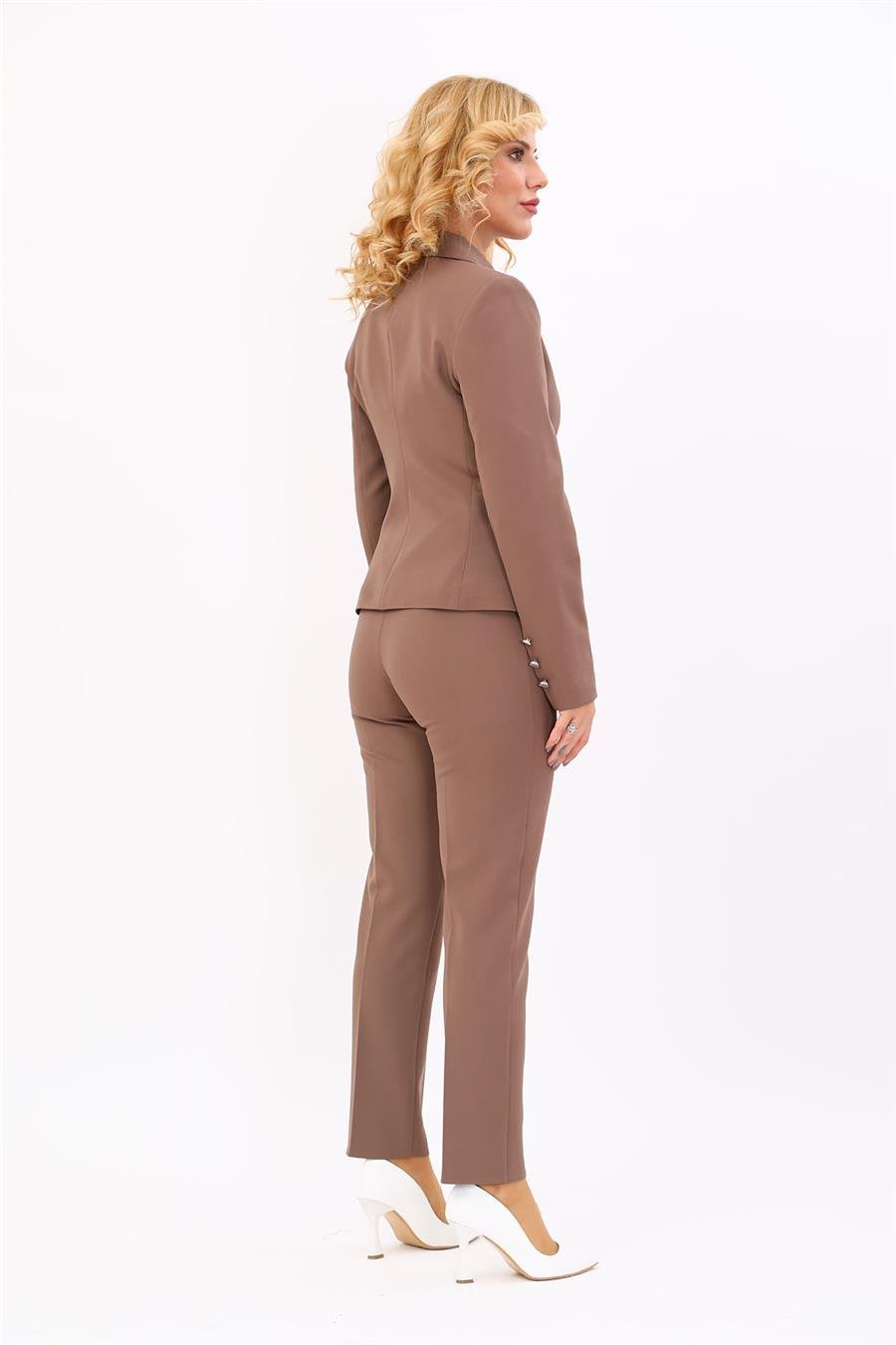 Cepli Şık Blazer Ceket & Dar Paça Pantolon Kadın Takım Elbise-Kahve Önder Özsoy 1162510 Pantolon Ceket Takım