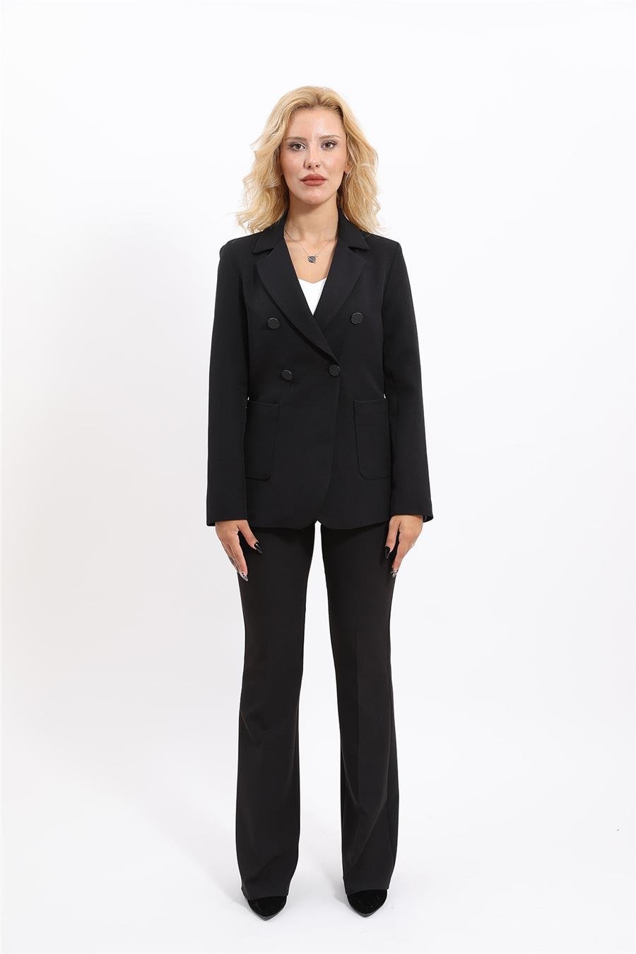 Cepli Şık Blazer Ceket  &  İspanyol Paça Pantolon Kadın Takım Elbise-Siyah Önder Özsoy 1162530 Pantolon Ceket Takım