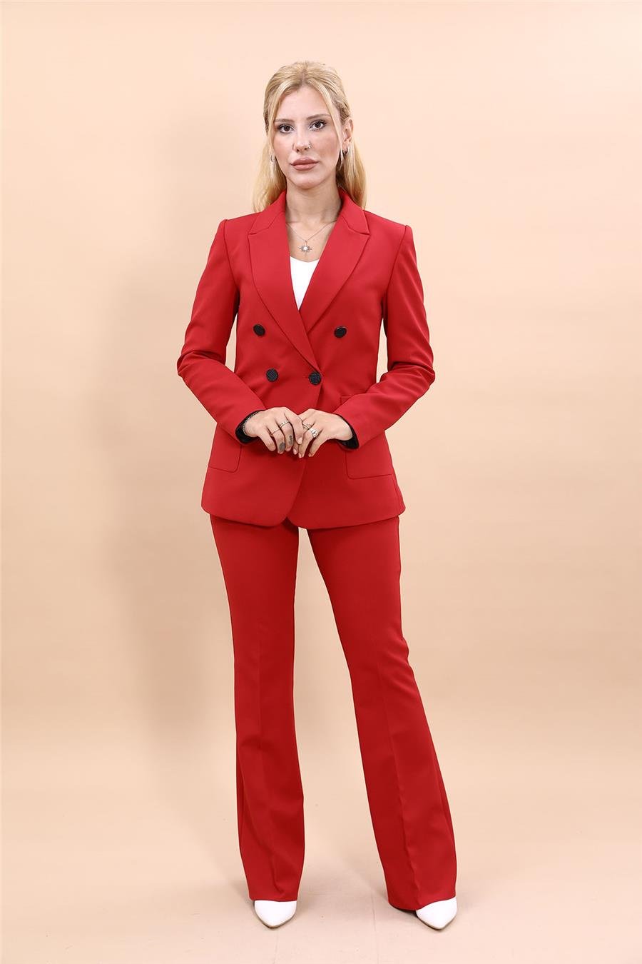Cepli Şık Blazer Ceket  &  İspanyol Paça Pantolon Kadın Takım Elbise-Kırmızı Önder Özsoy 1162530 Pantolon Ceket Takım