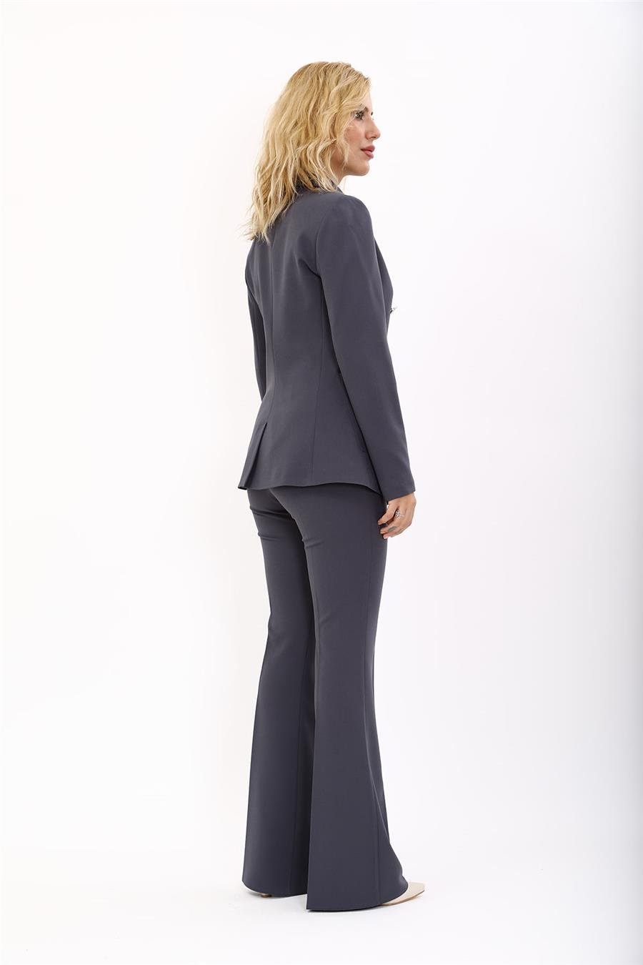 Cepli Şık Blazer Ceket  &  İspanyol Paça Pantolon Kadın Takım Elbise-Füme Önder Özsoy 1162530 Pantolon Ceket Takım