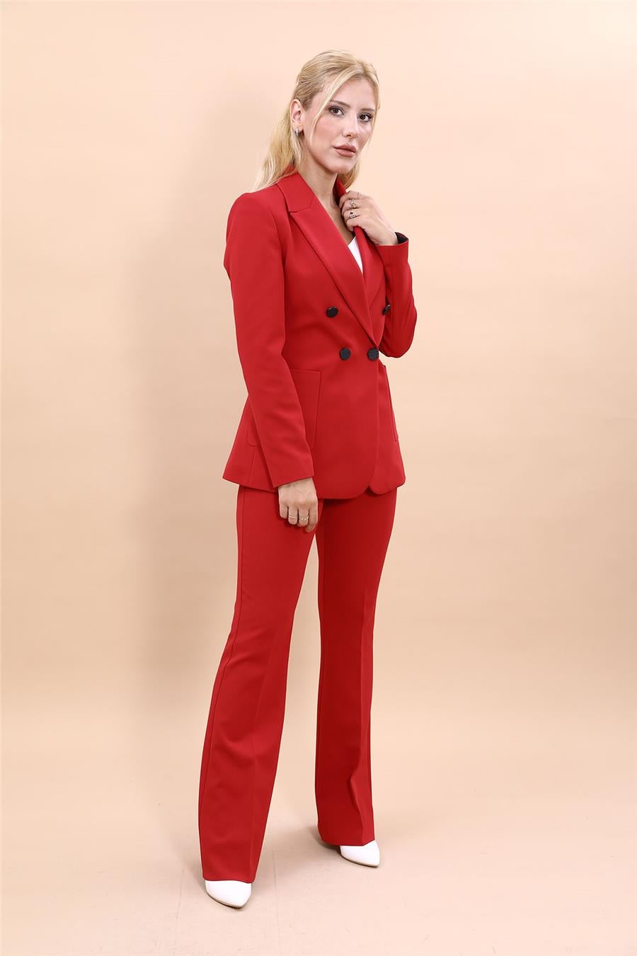 Cepli Şık Blazer Ceket  &  İspanyol Paça Pantolon Kadın Takım Elbise-Kırmızı Önder Özsoy 1162530 Pantolon Ceket Takım