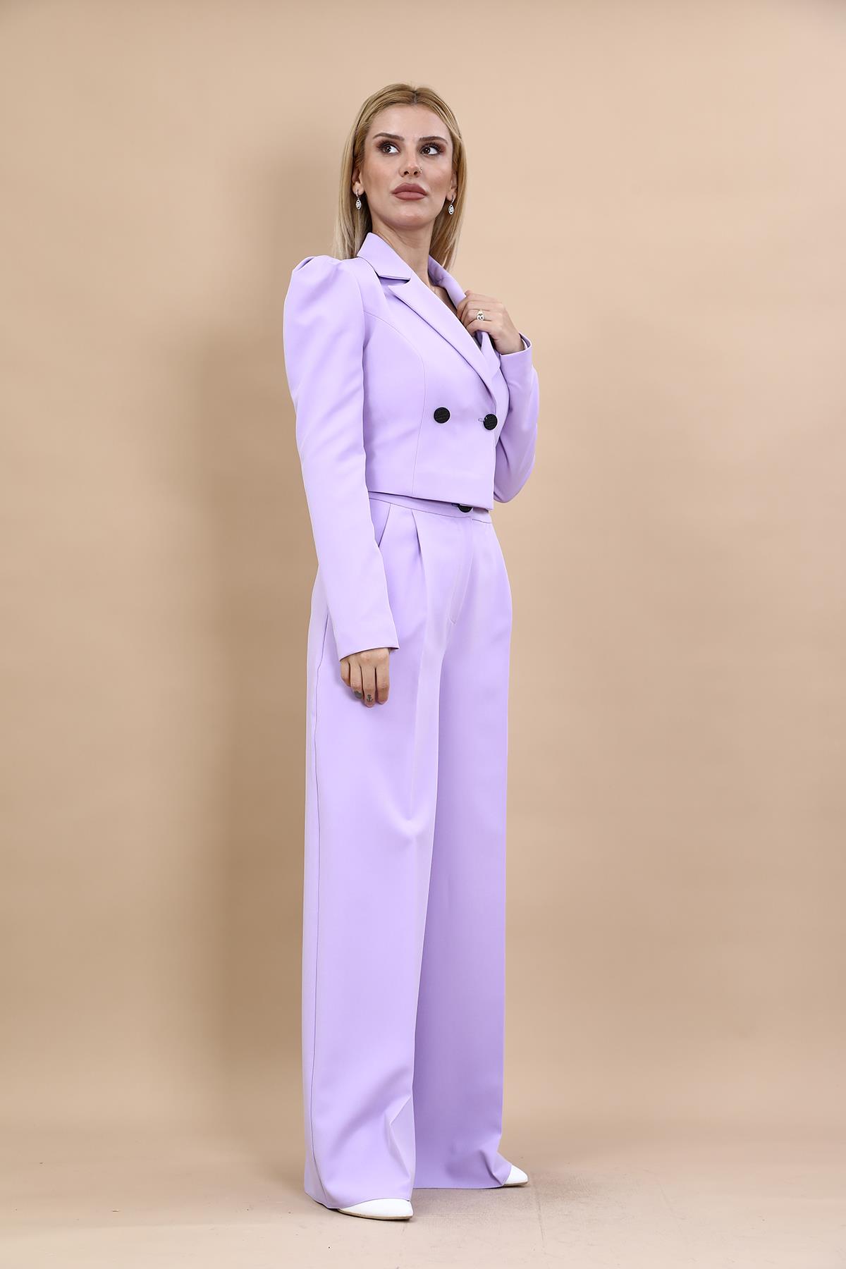 Drape Ceket & Yüksek Bel Pileli Bol Paça Pantolon Takım-Menekşe Önder Özsoy 1057521 Drape Ceket & Yüksek Bel Pileli Bol Paça Pantolon Takım