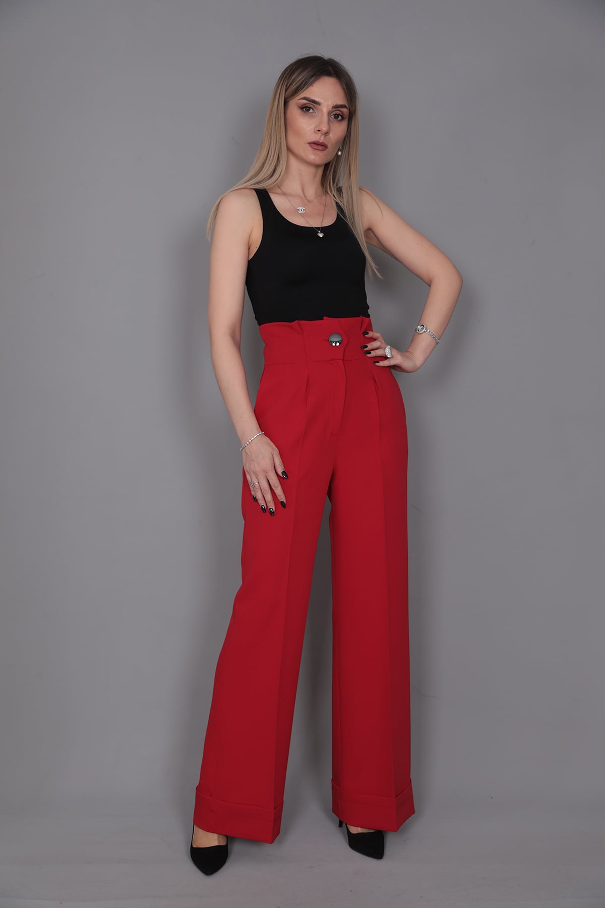 Duble Paça Yüksek Bel Pantolon-Kırmızı Önder Özsoy 5029100 Pantolon