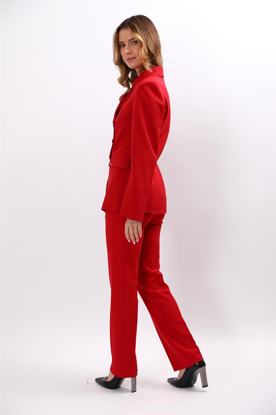 Düğmeli Klasik Blazer Ceket & Cepli Boru Paça Pantolon Kadın Takım Elbise-Kırmızı Önder Özsoy 1181505 Pantolon Ceket Takım