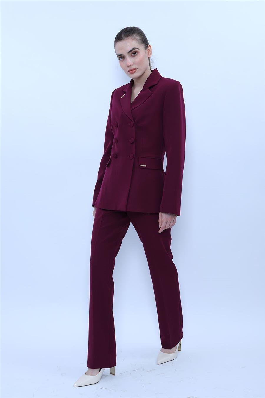 Düğmeli Klasik Blazer Ceket & Cepli Boru Paça Pantolon Kadın Takım Elbise-Mürdüm Önder Özsoy 1181505 Pantolon Ceket Takım
