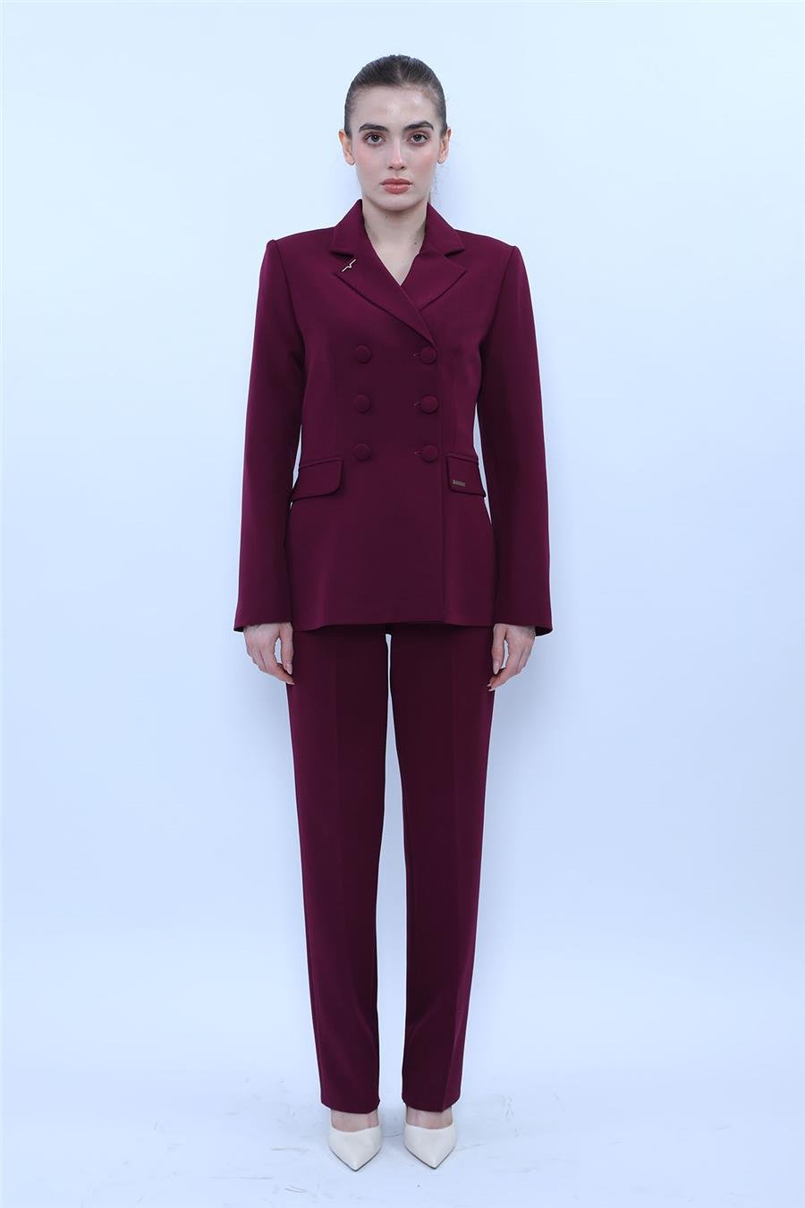 Düğmeli Klasik Blazer Ceket & Cepli Boru Paça Pantolon Kadın Takım Elbise-Mürdüm Önder Özsoy 1181505 Pantolon Ceket Takım