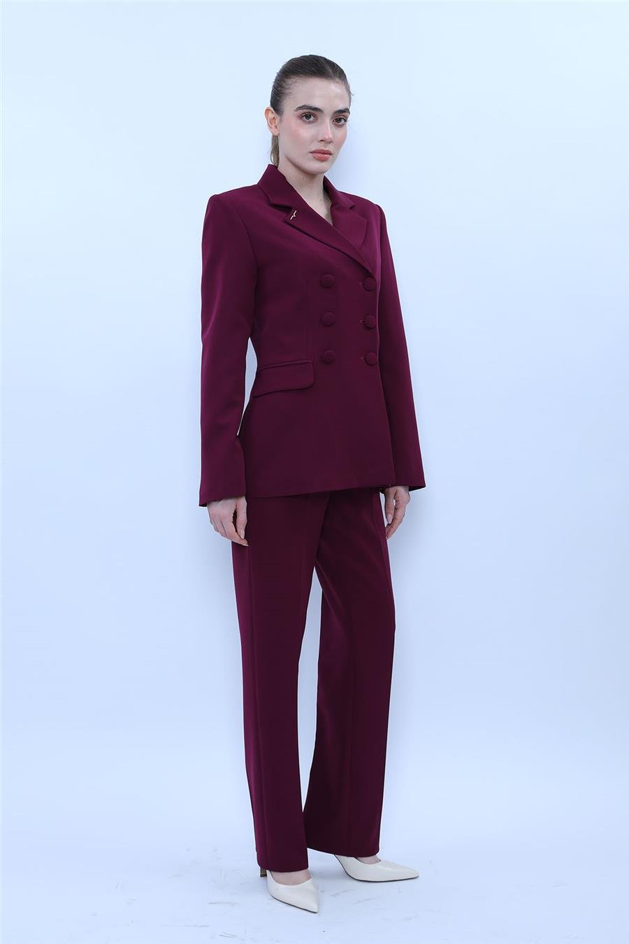 Düğmeli Klasik Blazer Ceket & Cepli Boru Paça Pantolon Kadın Takım Elbise-Mürdüm Önder Özsoy 1181505 Pantolon Ceket Takım