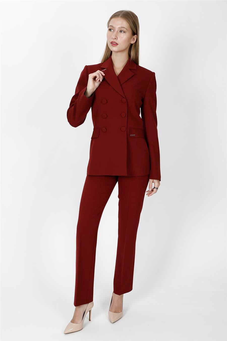Düğmeli Klasik Blazer Ceket & Cepli Boru Paça Pantolon Kadın Takım Elbise-Bordo Önder Özsoy 1181505 Pantolon Ceket Takım