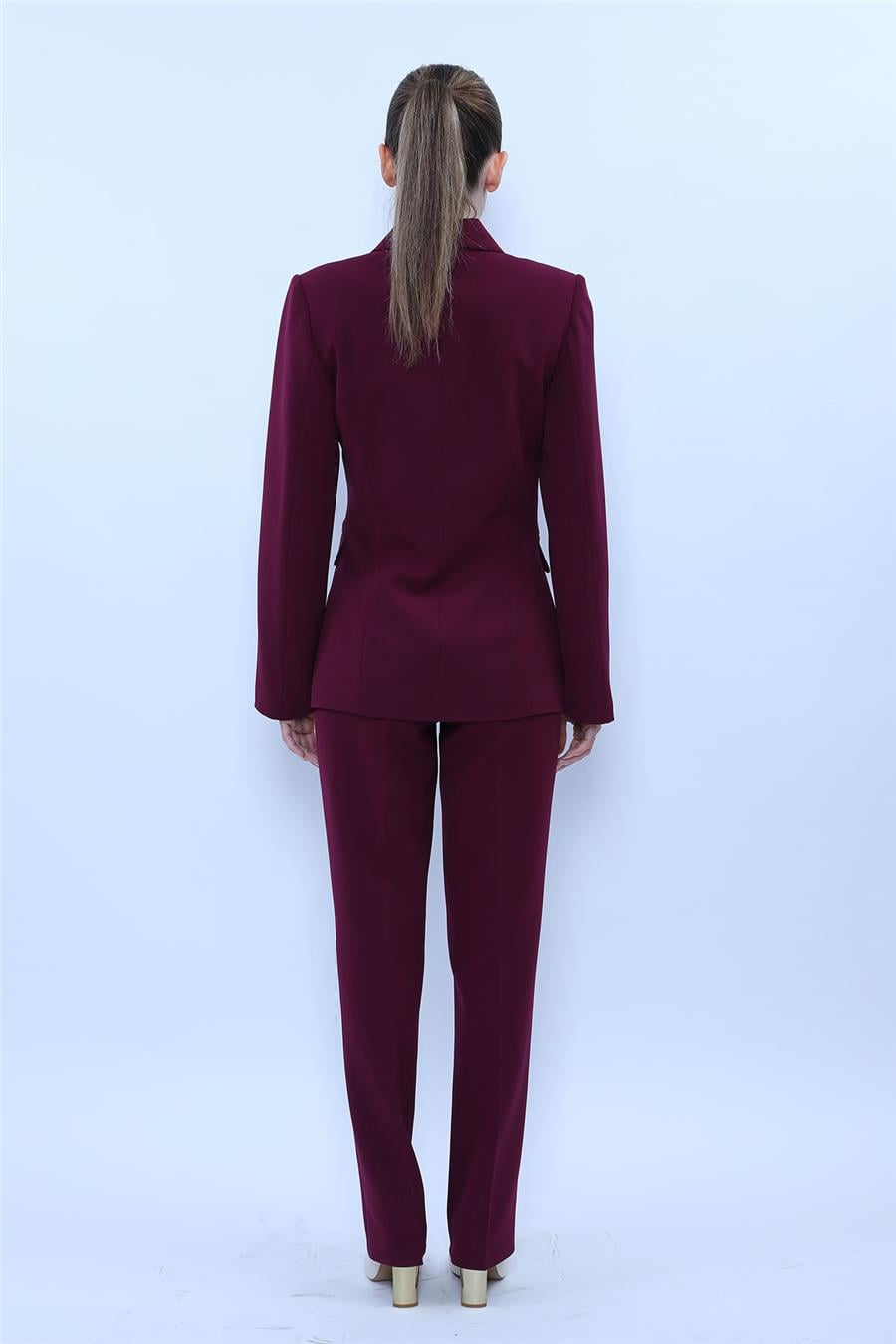 Düğmeli Klasik Blazer Ceket & Cepli Boru Paça Pantolon Kadın Takım Elbise-Mürdüm Önder Özsoy 1181505 Pantolon Ceket Takım