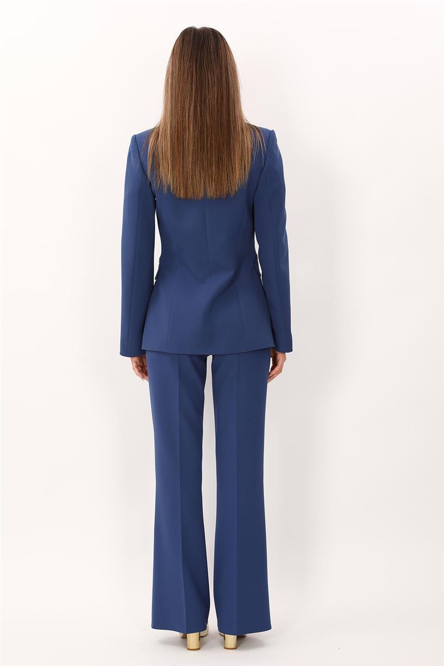 Düğmeli Klasik Blazer Ceket & Cepli İspanyol Paça Pantolon Kadın Takım Elbise-İndigo Önder Özsoy 1181506 Pantolon Ceket Takım