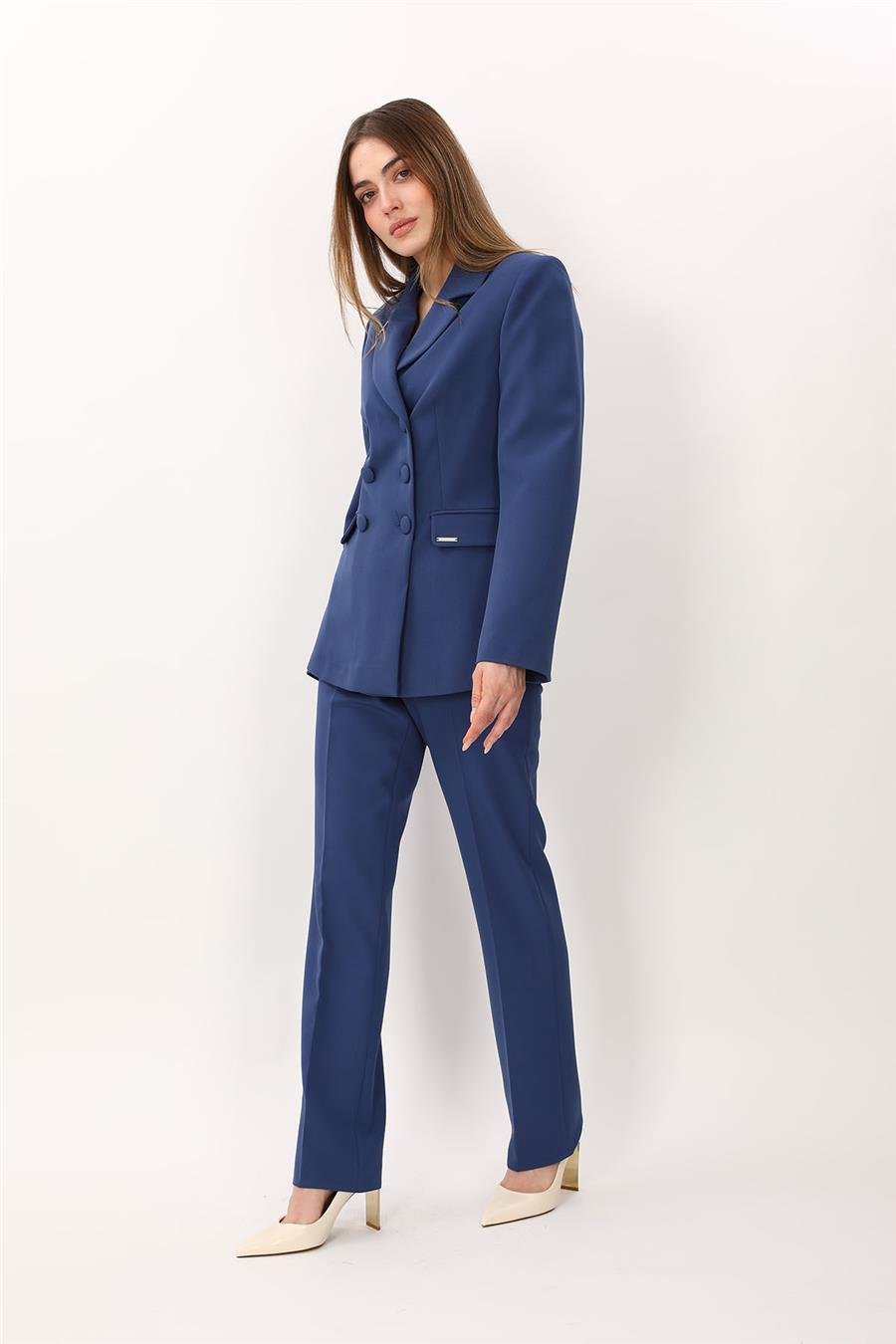 Erkek Yaka Blazer Ceket &  Kemerli Boru Paça Pantolon-İndigo Önder Özsoy 1081505 Pantolon Ceket Takım