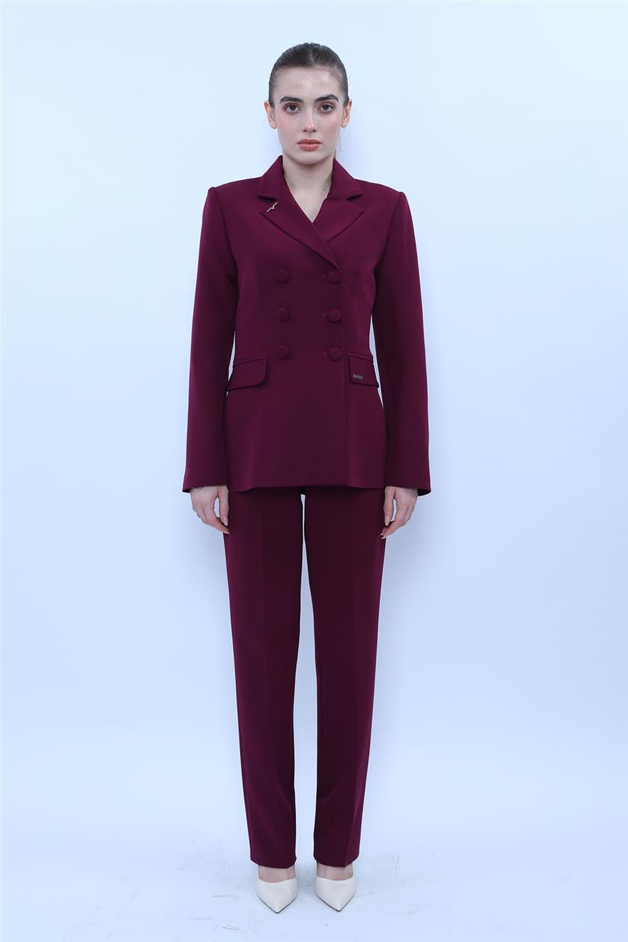 Erkek Yaka Blazer Ceket &  Kemerli Boru Paça Pantolon-Mürdüm Önder Özsoy 1081505 Pantolon Ceket Takım