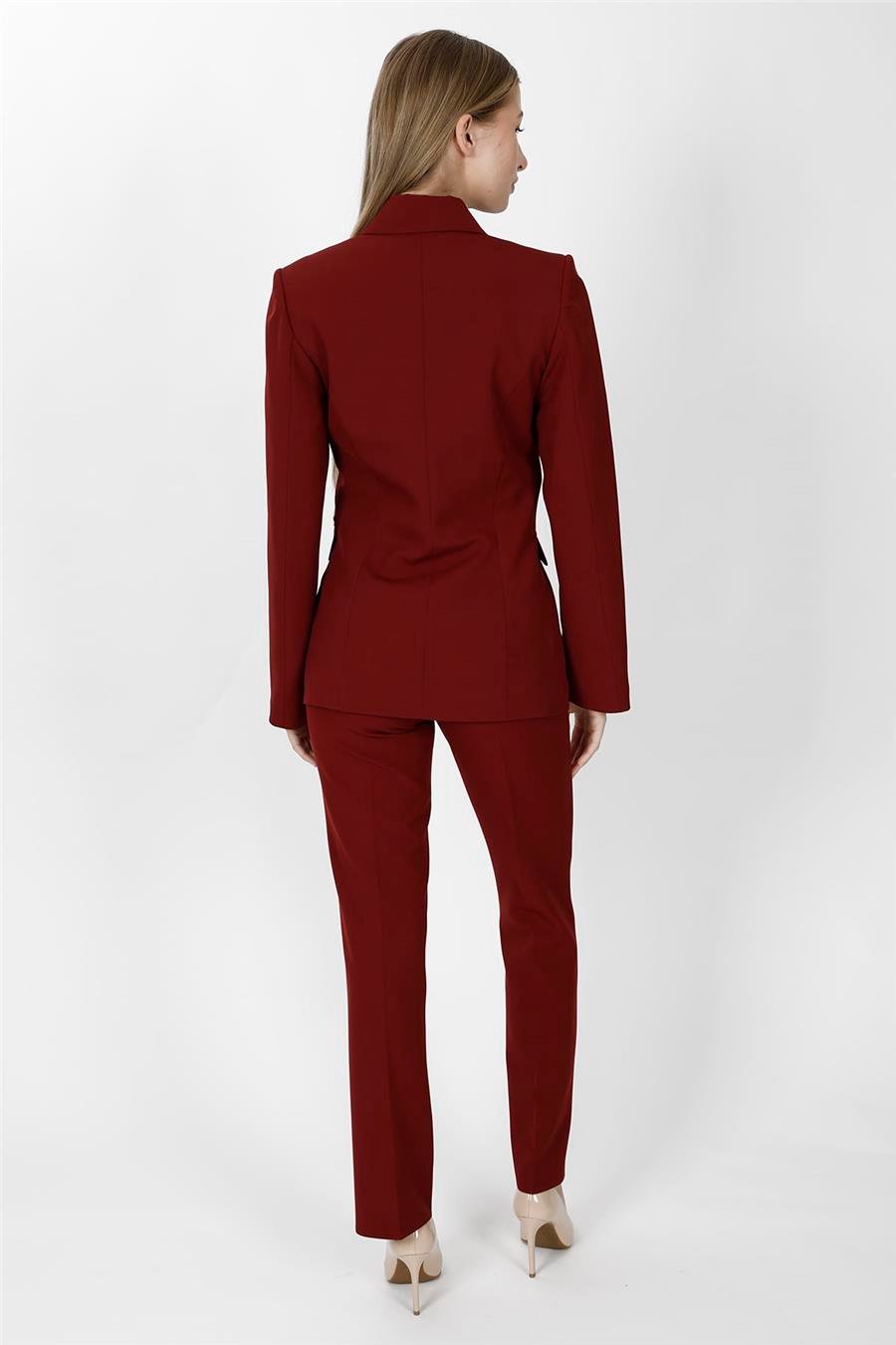 Erkek Yaka Blazer Ceket &  Kemerli Boru Paça Pantolon-Bordo Önder Özsoy 1081505 Pantolon Ceket Takım