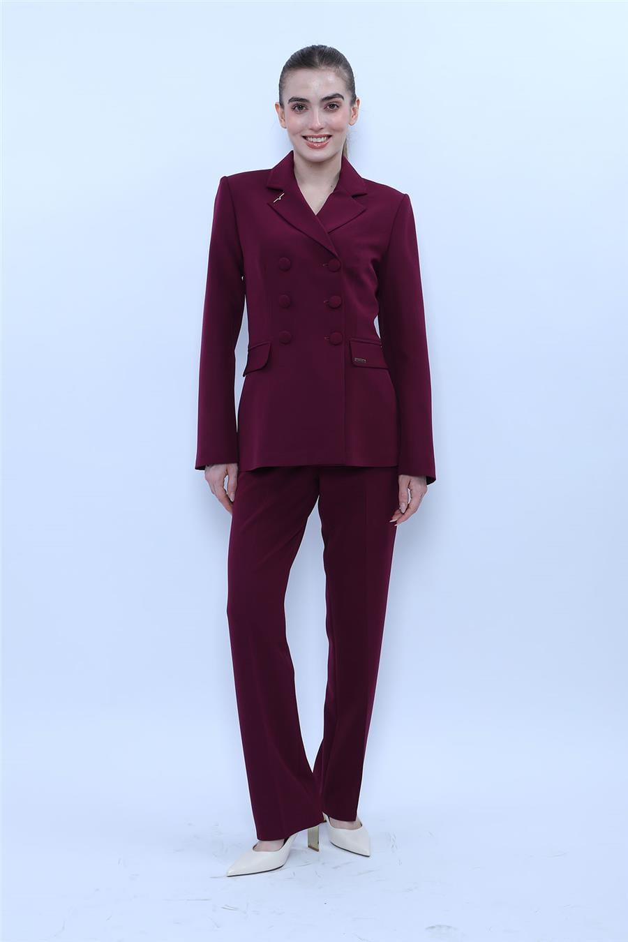 Erkek Yaka Blazer Ceket &  Kemerli Boru Paça Pantolon-Mürdüm Önder Özsoy 1081505 Pantolon Ceket Takım
