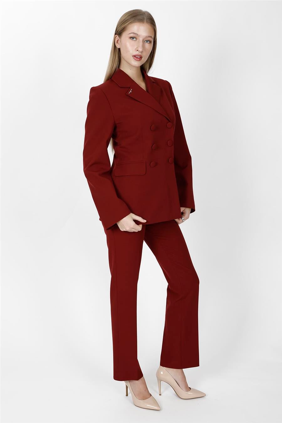 Erkek Yaka Blazer Ceket &  Kemerli Boru Paça Pantolon-Bordo Önder Özsoy 1081505 Pantolon Ceket Takım