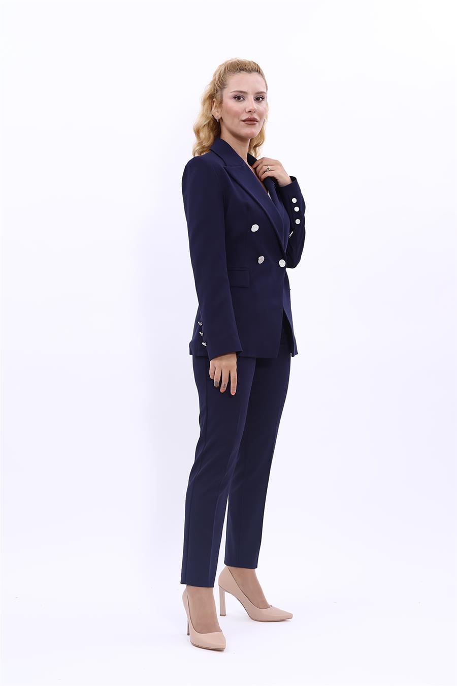 Erkek Yaka  Çapraz Ceket & Dar Paça Pantolon-Lacivert Önder Özsoy 1047510 Kurvaze Çapraz Ceket & Boru Paça Pantolon Takım