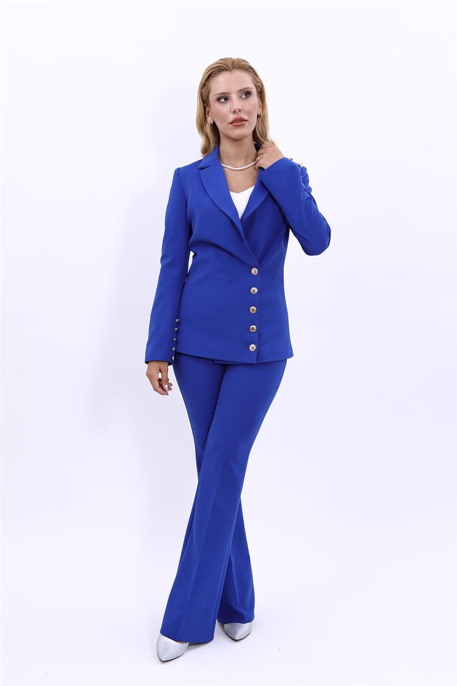 Erkek Yaka Düğmeli Modern Ceket & İspanyol Paça Pantolon Kadın Takım Elbise -Saks Önder Özsoy 1165530 Pantolon Ceket Takım