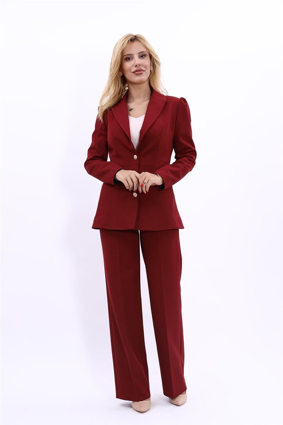 Erkek Yaka Kolu Büzgülü Ceket & Bol Paça Pantolon-Bordo Önder Özsoy 1063520 Midi Boy Drape Kol Ceket & Bol Paça Pantolon Takım