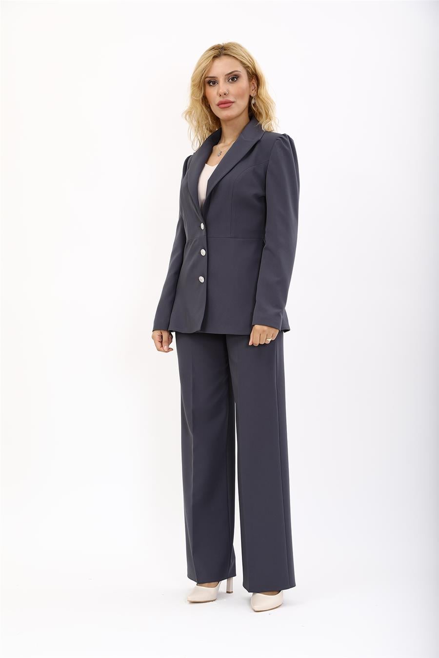Erkek Yaka Kolu Büzgülü Ceket & Bol Paça Pantolon-Füme Önder Özsoy 1063520 Midi Boy Drape Kol Ceket & Bol Paça Pantolon Takım