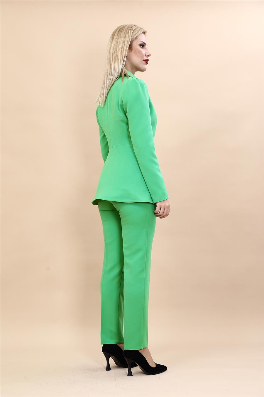 Erkek Yaka Kolu Büzgülü Ceket & Dar Paça Pantolon-Yeşil Önder Özsoy 1063510 Midi Boy Drape Kol Ceket & Boru Paça Pantolon Takım