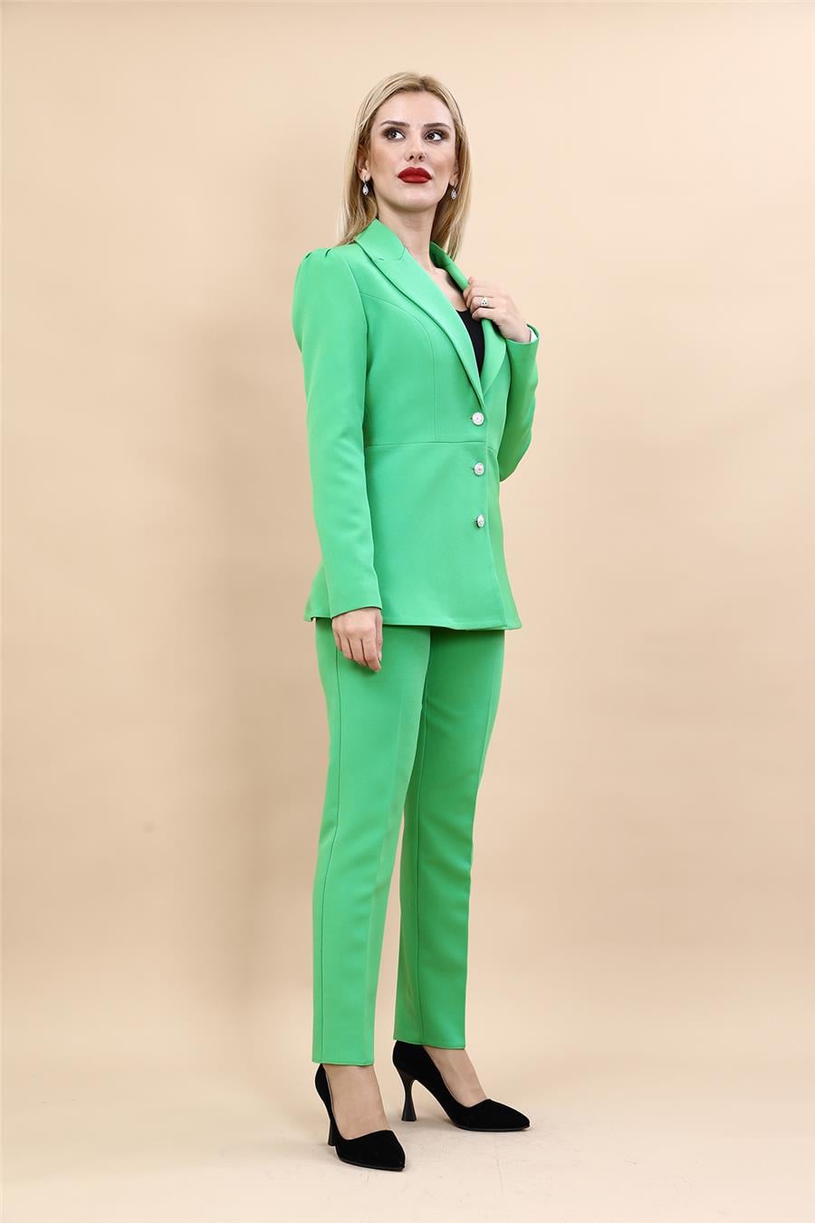 Erkek Yaka Kolu Büzgülü Ceket & Dar Paça Pantolon-Yeşil Önder Özsoy 1063510 Midi Boy Drape Kol Ceket & Boru Paça Pantolon Takım