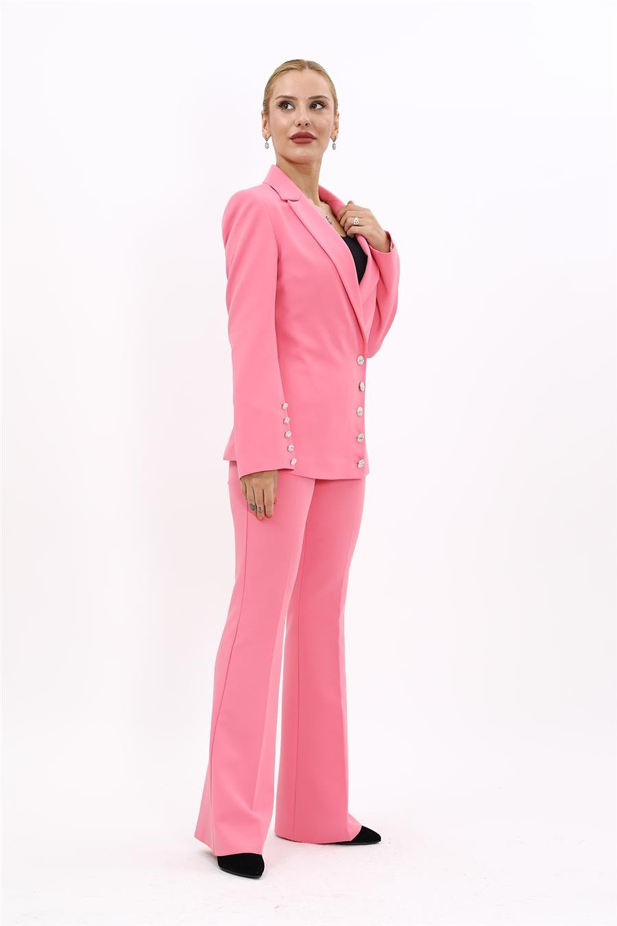 Erkek Yaka Kolu Büzgülü Ceket & İspanyol Paça Pantolon-Pembe Önder Özsoy 1063530 Midi Boy Drape Kol Ceket & İspanyol  Paça Pantolon Takım