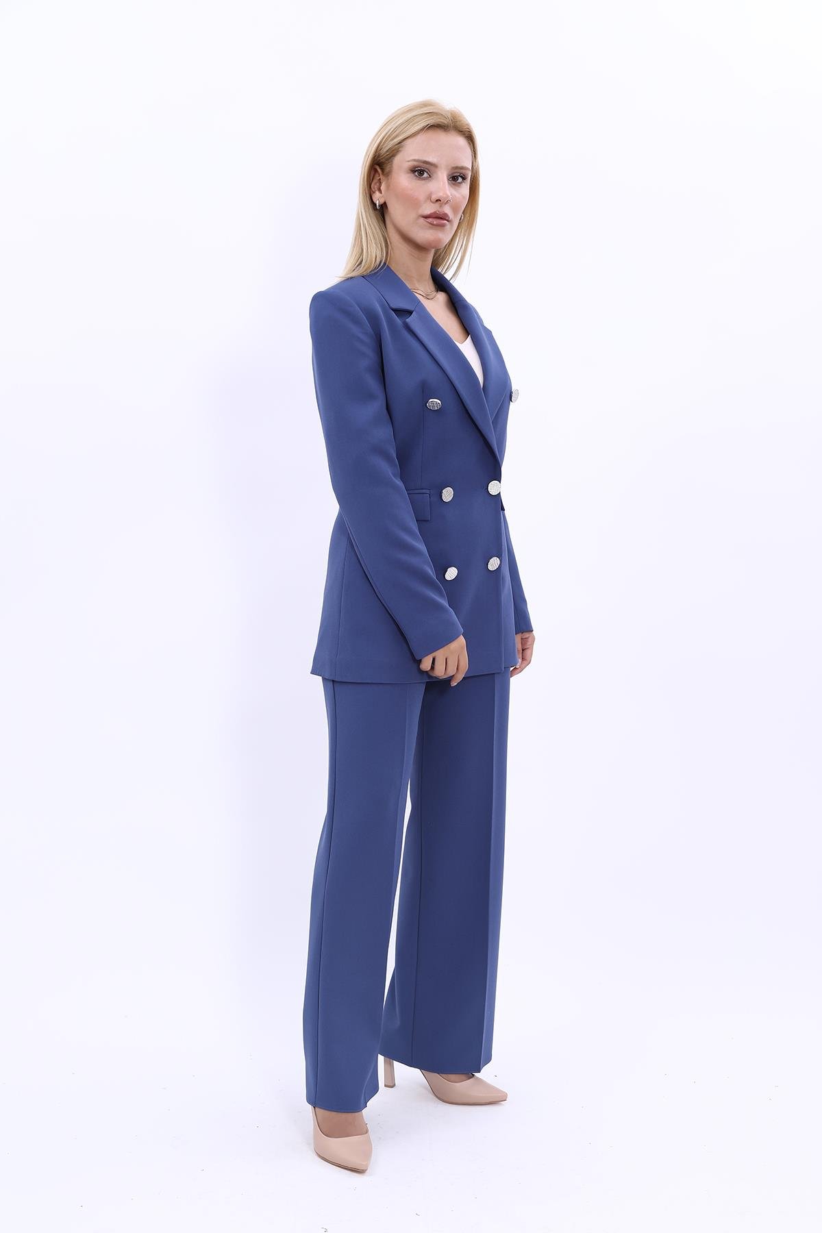 Erkek Yaka Kruvaze Blazer Ceket & Bol Paça Pantolon Kadın Takım Elbise -İndigo Önder Özsoy 1134520 Pantolon Ceket Takım