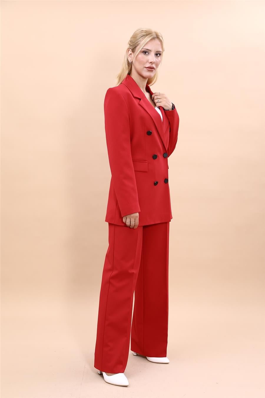 Erkek Yaka Kruvaze Blazer Ceket & Bol Paça Pantolon Kadın Takım Elbise -Kırmızı Önder Özsoy 1134520 Pantolon Ceket Takım