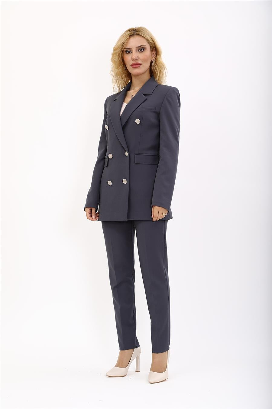 Erkek Yaka Kruvaze Blazer Ceket & Dar Paça Pantolon Kadın Takım Elbise-Füme Önder Özsoy 1134510 Pantolon Ceket Takım