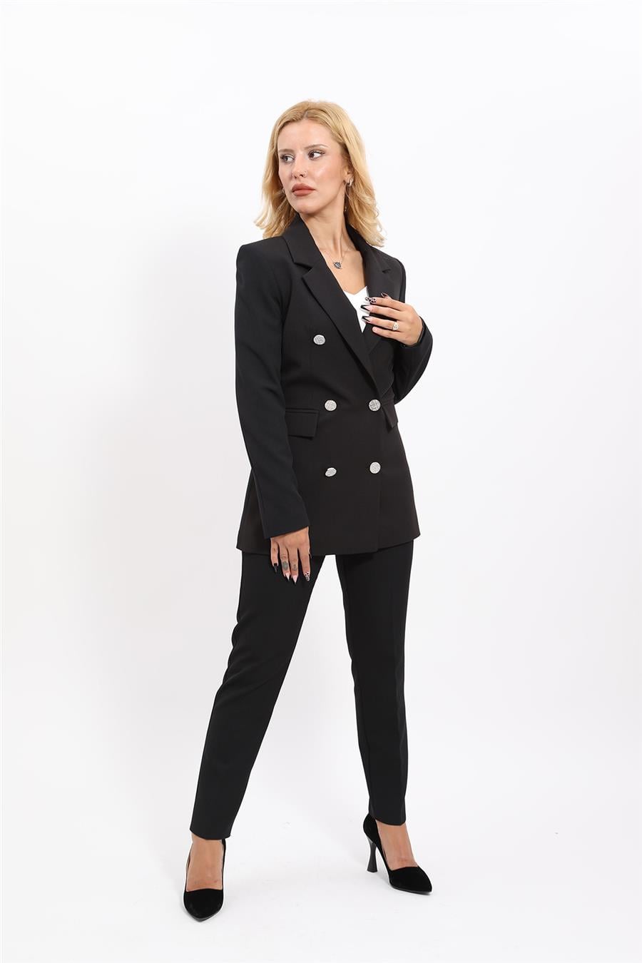 Erkek Yaka Kruvaze Blazer Ceket & Dar Paça Pantolon Kadın Takım Elbise-Siyah Önder Özsoy 1134510 Pantolon Ceket Takım