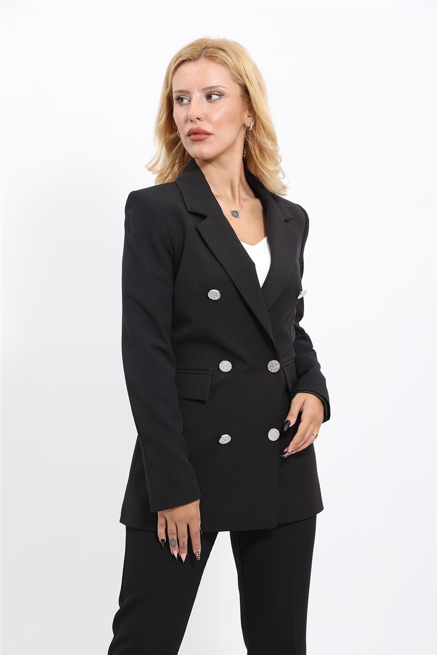 Erkek Yaka Kruvaze Blazer Ceket & Dar Paça Pantolon Kadın Takım Elbise-Siyah Önder Özsoy 1134510 Pantolon Ceket Takım