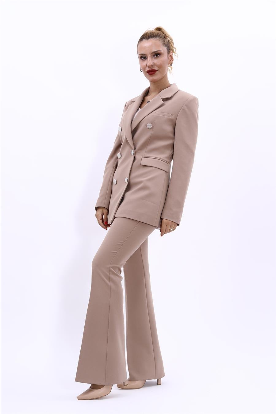 Erkek Yaka Kruvaze Blazer Ceket & İspanyol Paça Pantolon Kadın Takım Elbise -Taş Önder Özsoy 1134530 Pantolon Ceket Takım