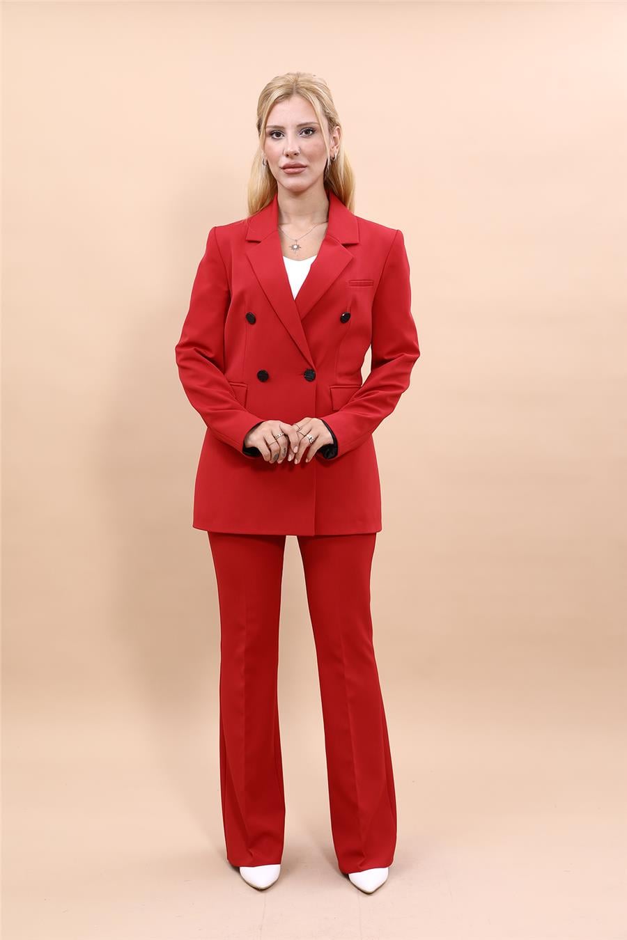 Erkek Yaka Kruvaze Blazer Ceket & İspanyol Paça Pantolon Kadın Takım Elbise -Kırmızı Önder Özsoy 1134530 Pantolon Ceket Takım