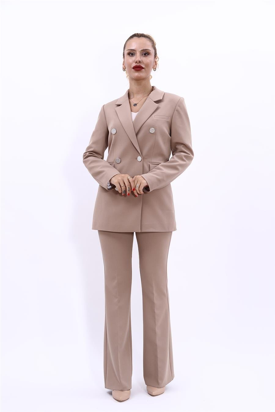 Erkek Yaka Kruvaze Blazer Ceket & İspanyol Paça Pantolon Kadın Takım Elbise -Taş Önder Özsoy 1134530 Pantolon Ceket Takım