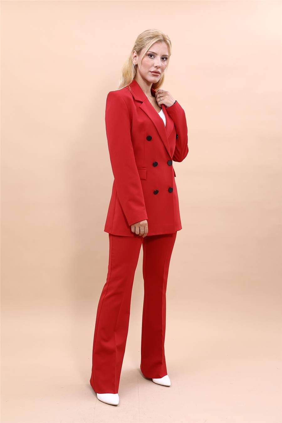 Erkek Yaka Kruvaze Blazer Ceket & İspanyol Paça Pantolon Kadın Takım Elbise -Kırmızı Önder Özsoy 1134530 Pantolon Ceket Takım