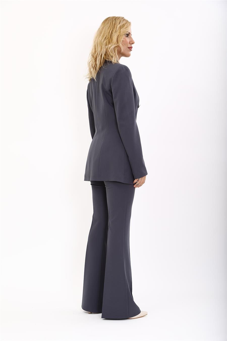 Erkek Yaka Kruvaze Blazer Ceket & İspanyol Paça Pantolon Kadın Takım Elbise -Füme Önder Özsoy 1134530 Pantolon Ceket Takım