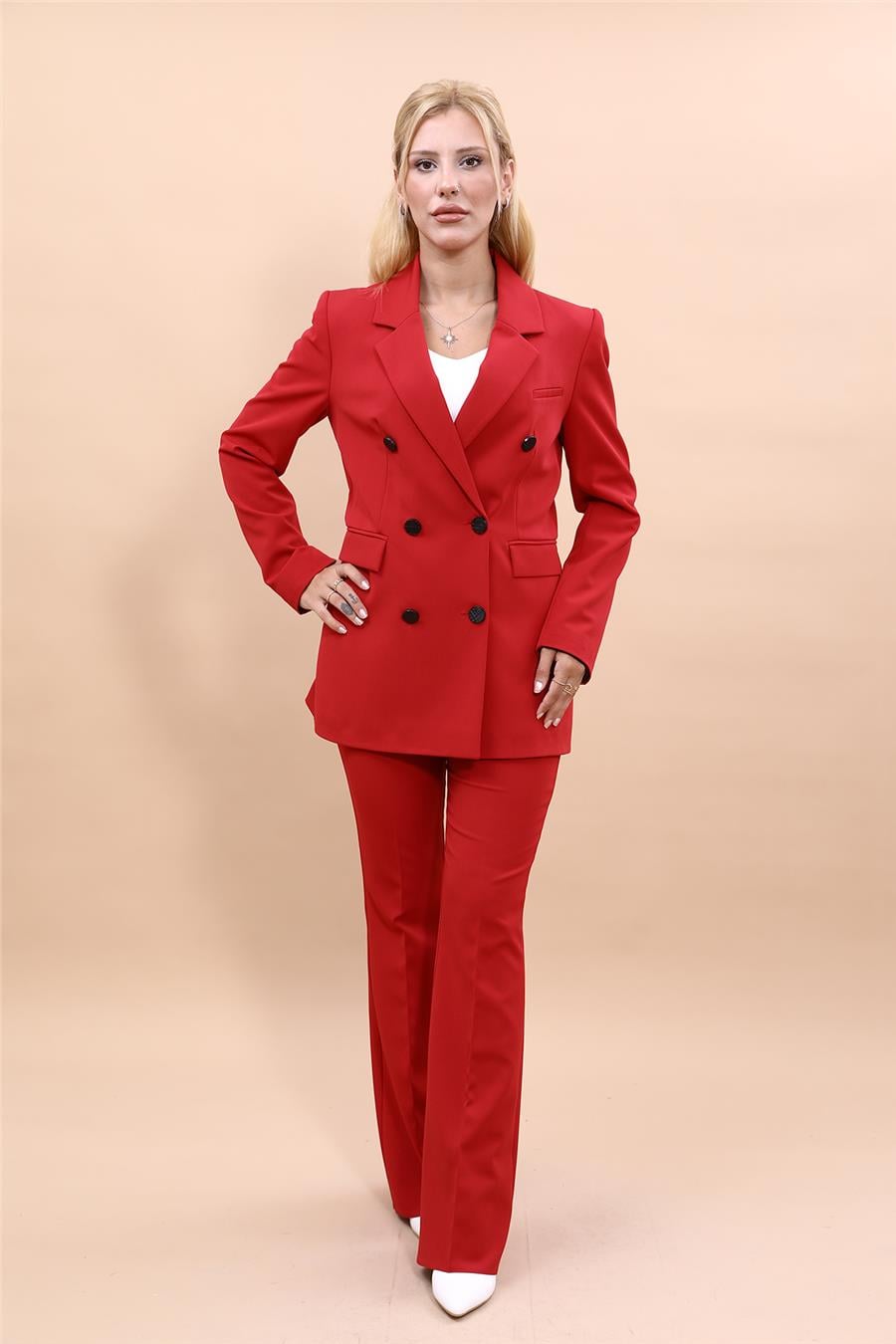 Erkek Yaka Kruvaze Blazer Ceket & İspanyol Paça Pantolon Kadın Takım Elbise -Kırmızı Önder Özsoy 1134530 Pantolon Ceket Takım