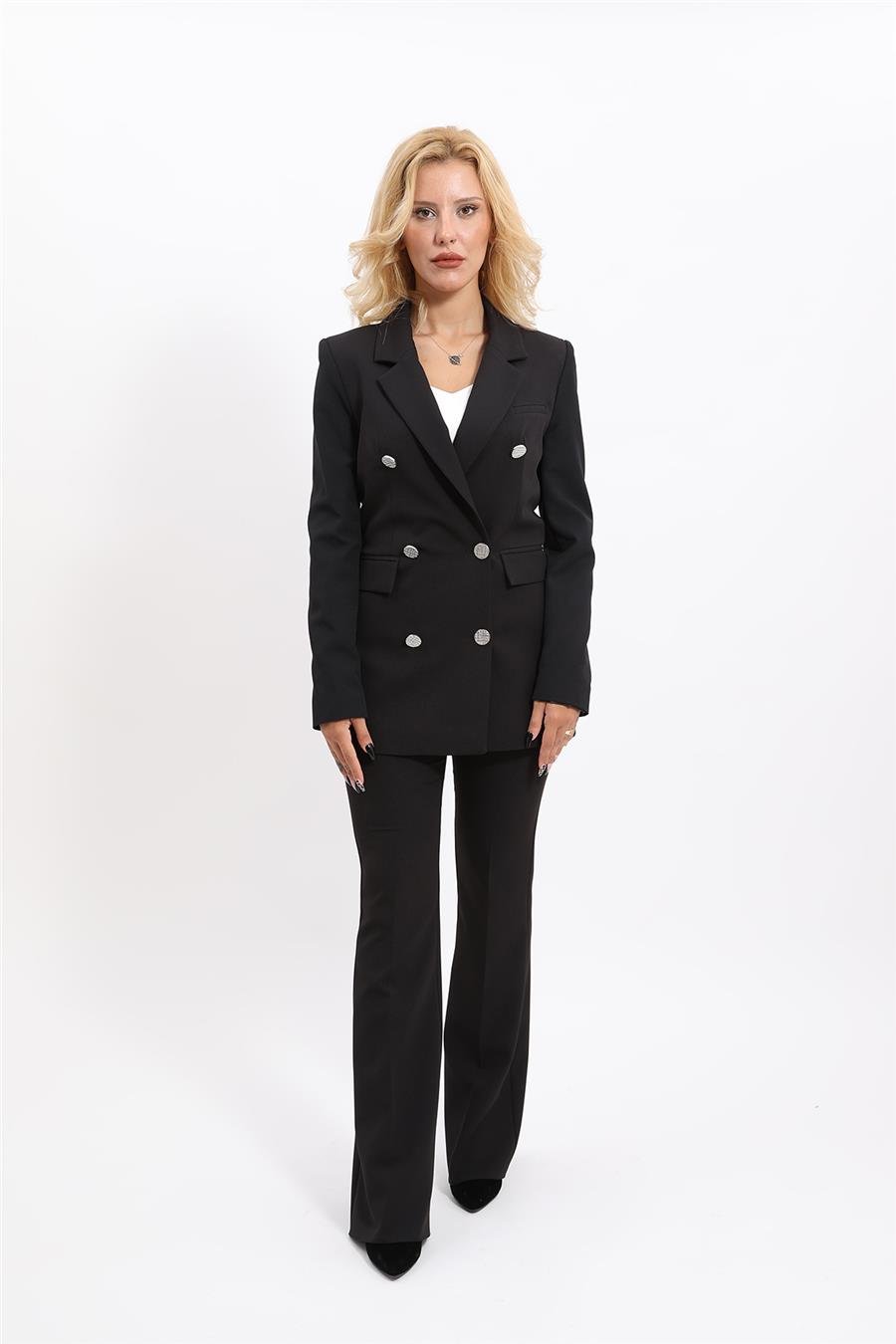 Erkek Yaka Kruvaze Blazer Ceket & İspanyol Paça Pantolon Kadın Takım Elbise -Siyah Önder Özsoy 1134530 Pantolon Ceket Takım