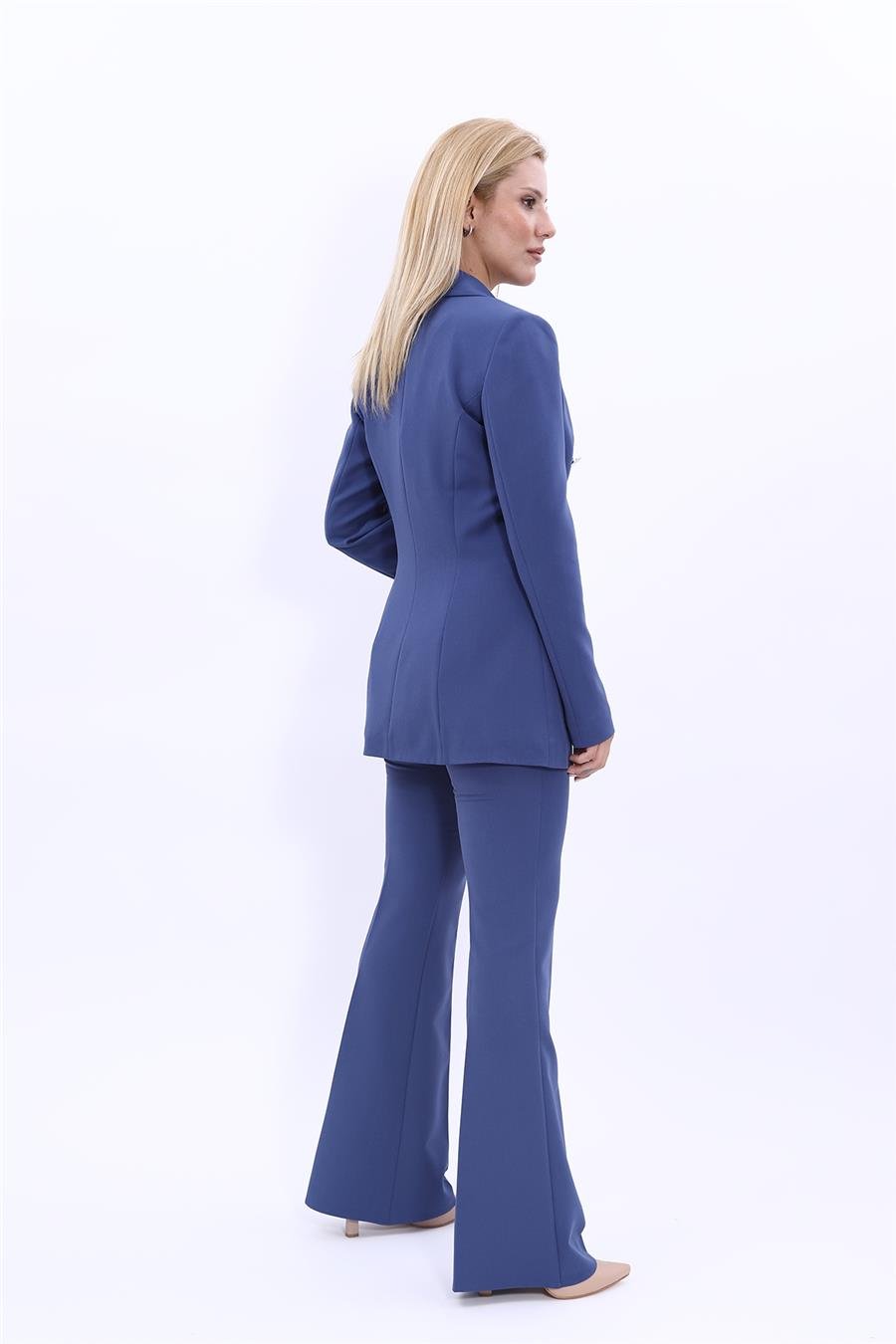 Erkek Yaka Kruvaze Blazer Ceket & İspanyol Paça Pantolon Kadın Takım Elbise -İndigo Önder Özsoy 1134530 Pantolon Ceket Takım