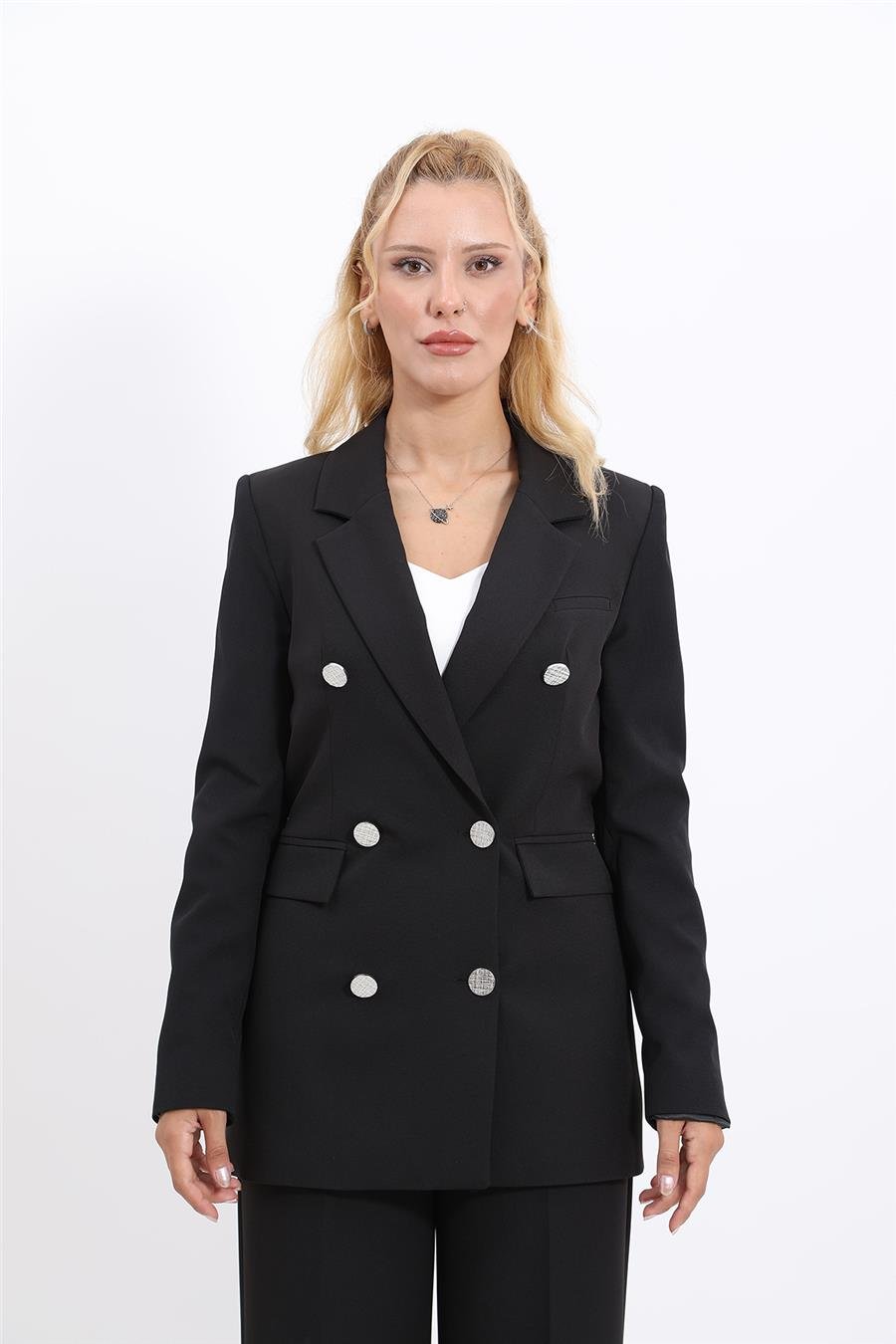 Erkek Yaka Kruvaze Blazer Kadın Ceket-Siyah Önder Özsoy 1134100 Orta Boy Ceket