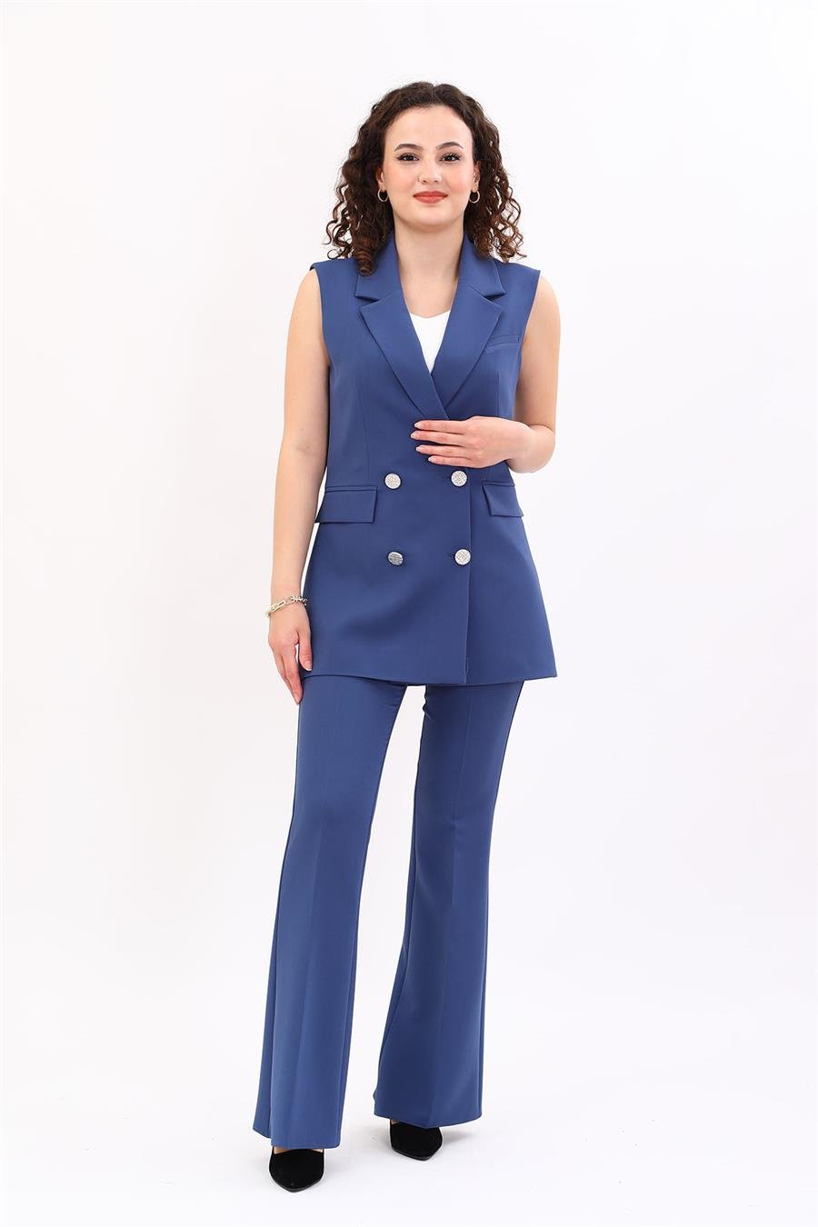 Erkek Yaka Kruvaze Blazer Kadın Yelek -İndigo Önder Özsoy 1623100 Uzun Yelek
