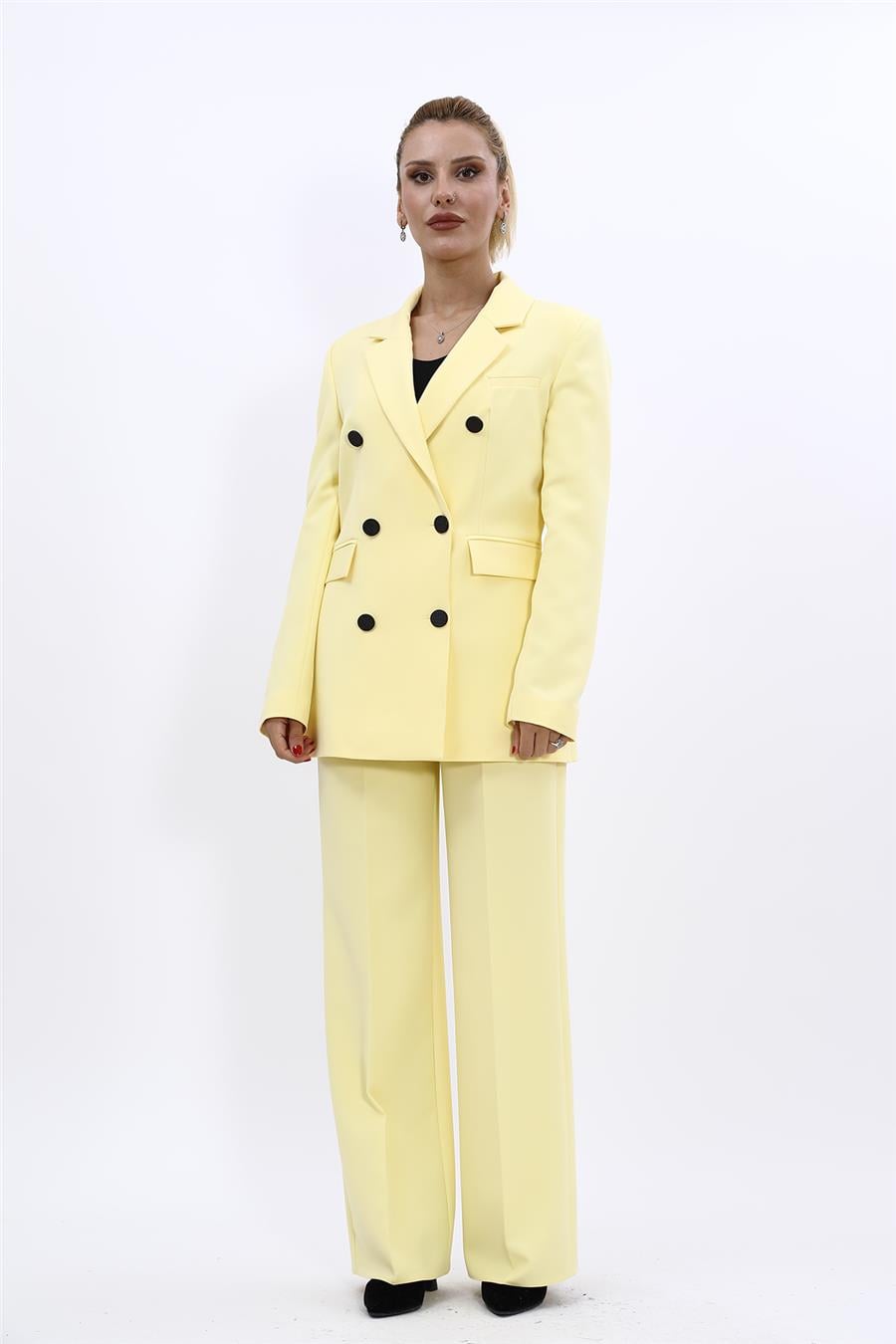 Erkek Yaka Kuruvaze Blazer Ceket & Bol Paça Pantolon-Sarı Önder Özsoy 1034520 Blazer Ceket & Bol Paça Pantolon Takım