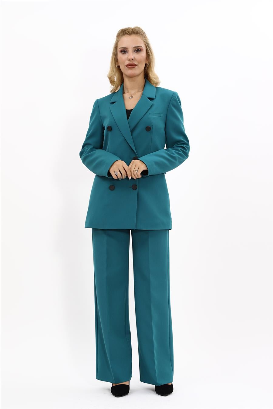 Erkek Yaka Kuruvaze Blazer Ceket & Bol Paça Pantolon-Petrol Önder Özsoy 1034520 Blazer Ceket & Bol Paça Pantolon Takım