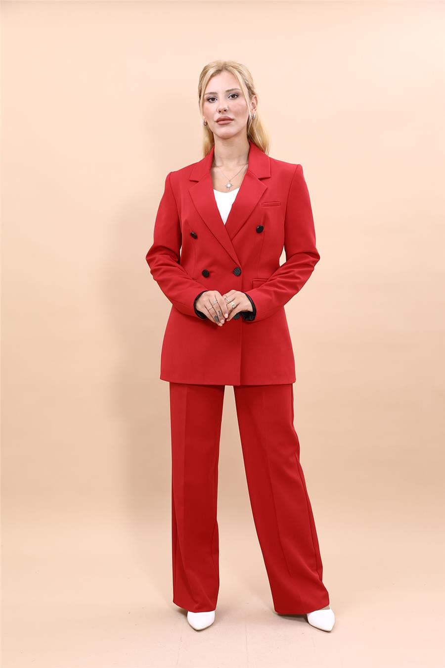 Erkek Yaka Kuruvaze Blazer Ceket & Bol Paça Pantolon-Kırmızı Önder Özsoy 1034520 Blazer Ceket & Bol Paça Pantolon Takım